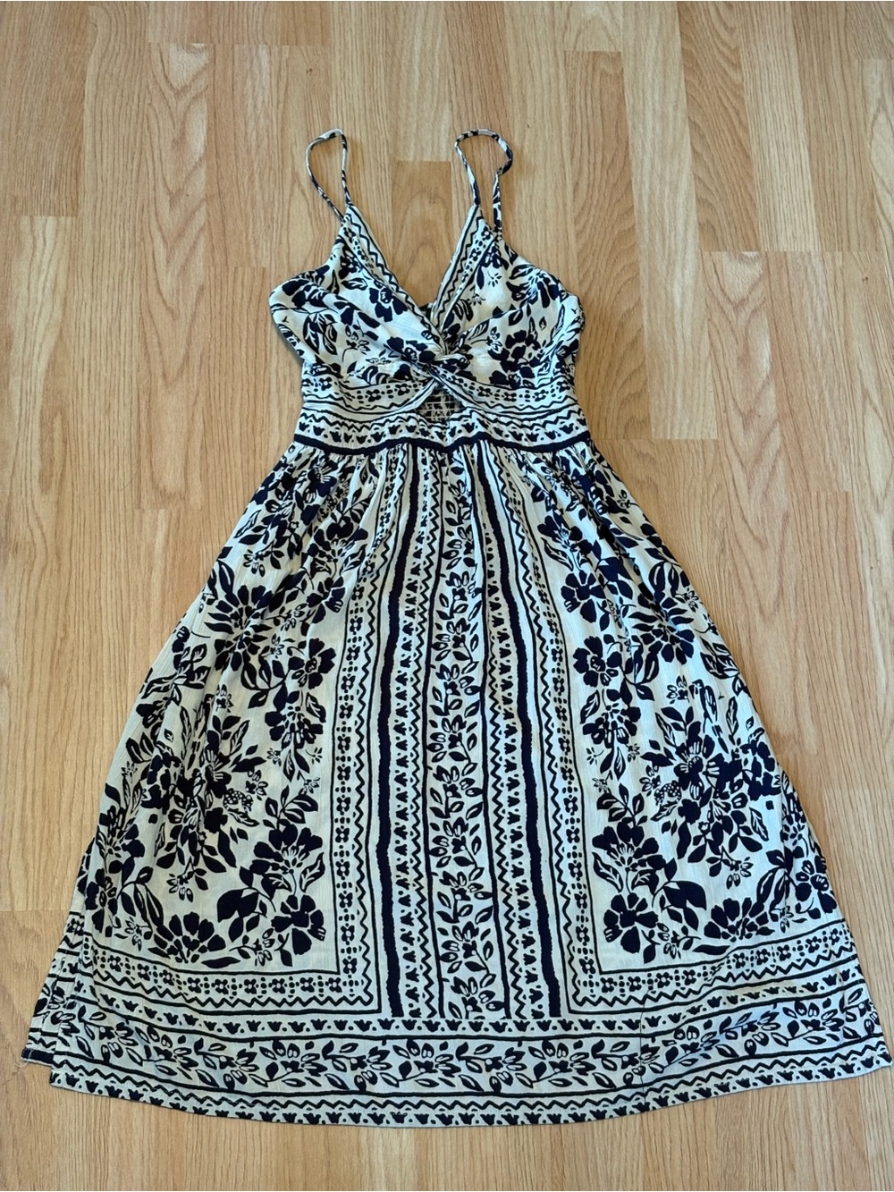 Angie White and Navy Floral Spaghetti-Strap Midi Dress